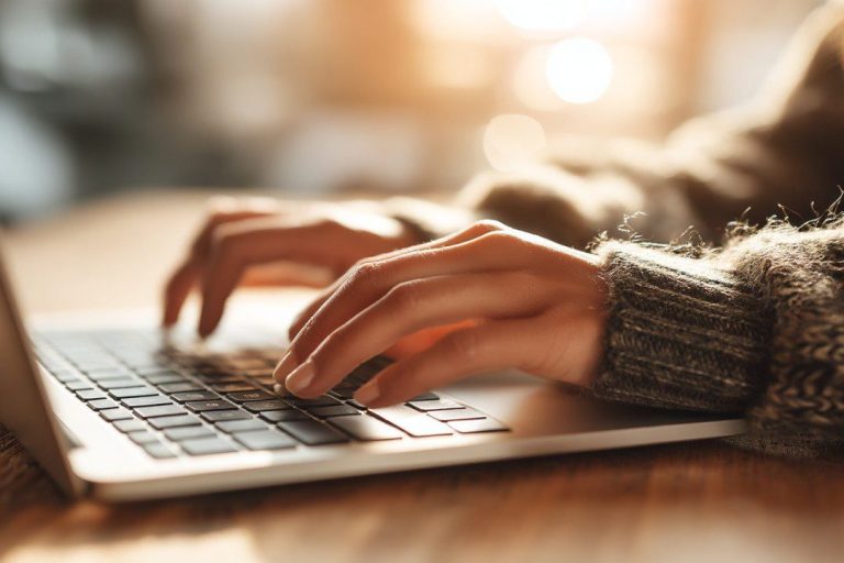 Een persoon typt op een laptop met zonlicht op een houten tafel.