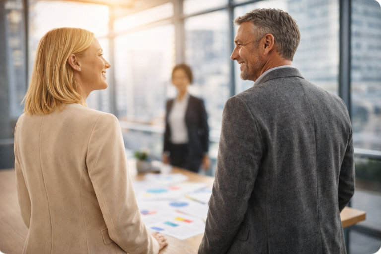 Twee mensen in gesprek met een vrouwelijke collega in een moderne kantooromgeving.